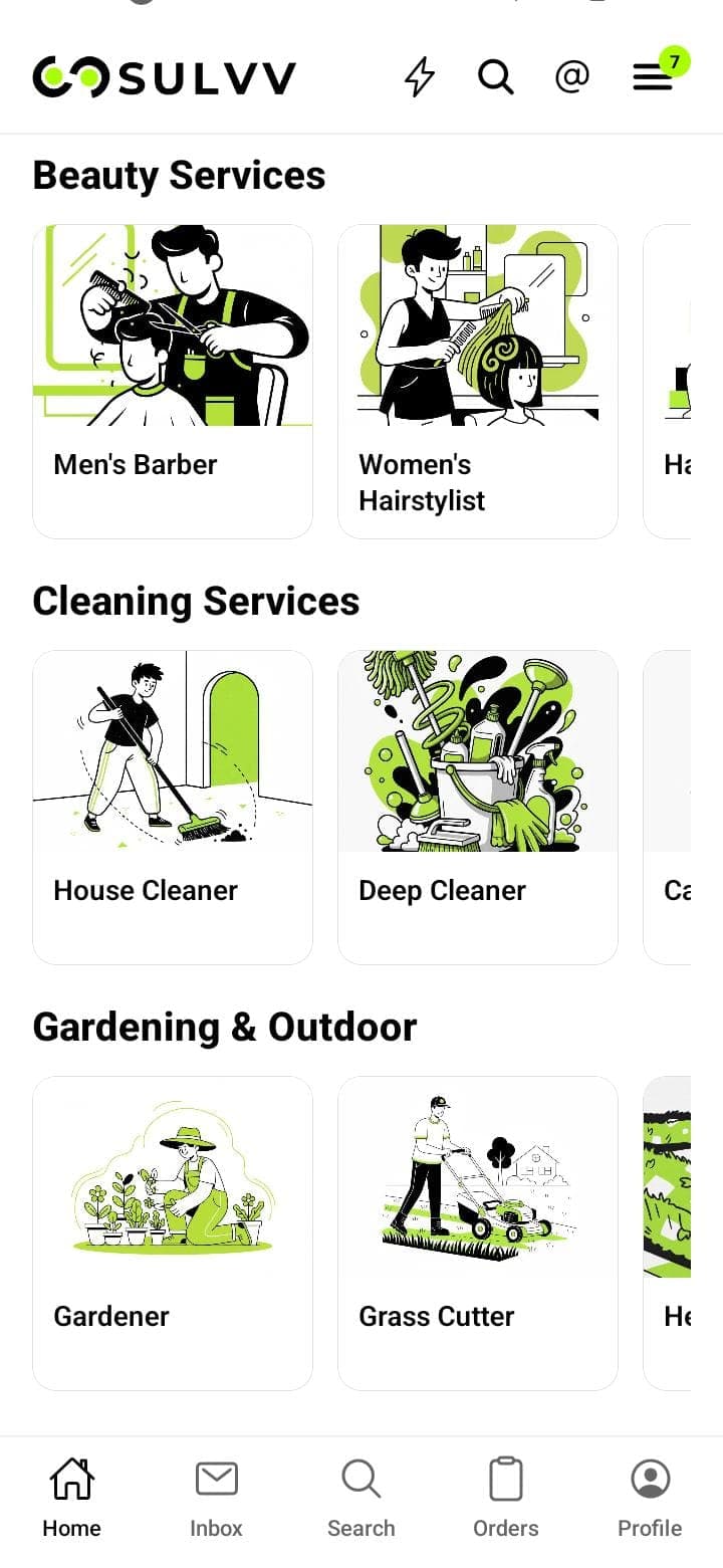 Sulvv home screen showing service categories and search