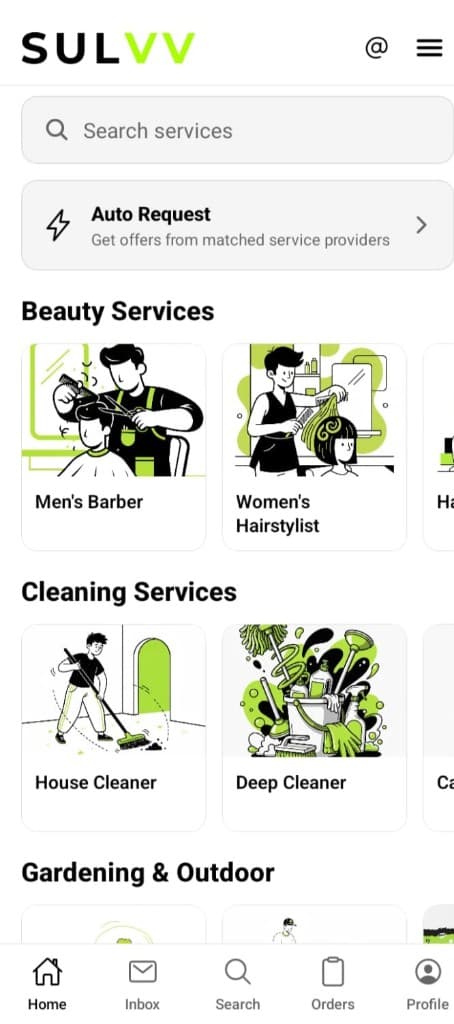 Sulvv home screen showing service categories and search